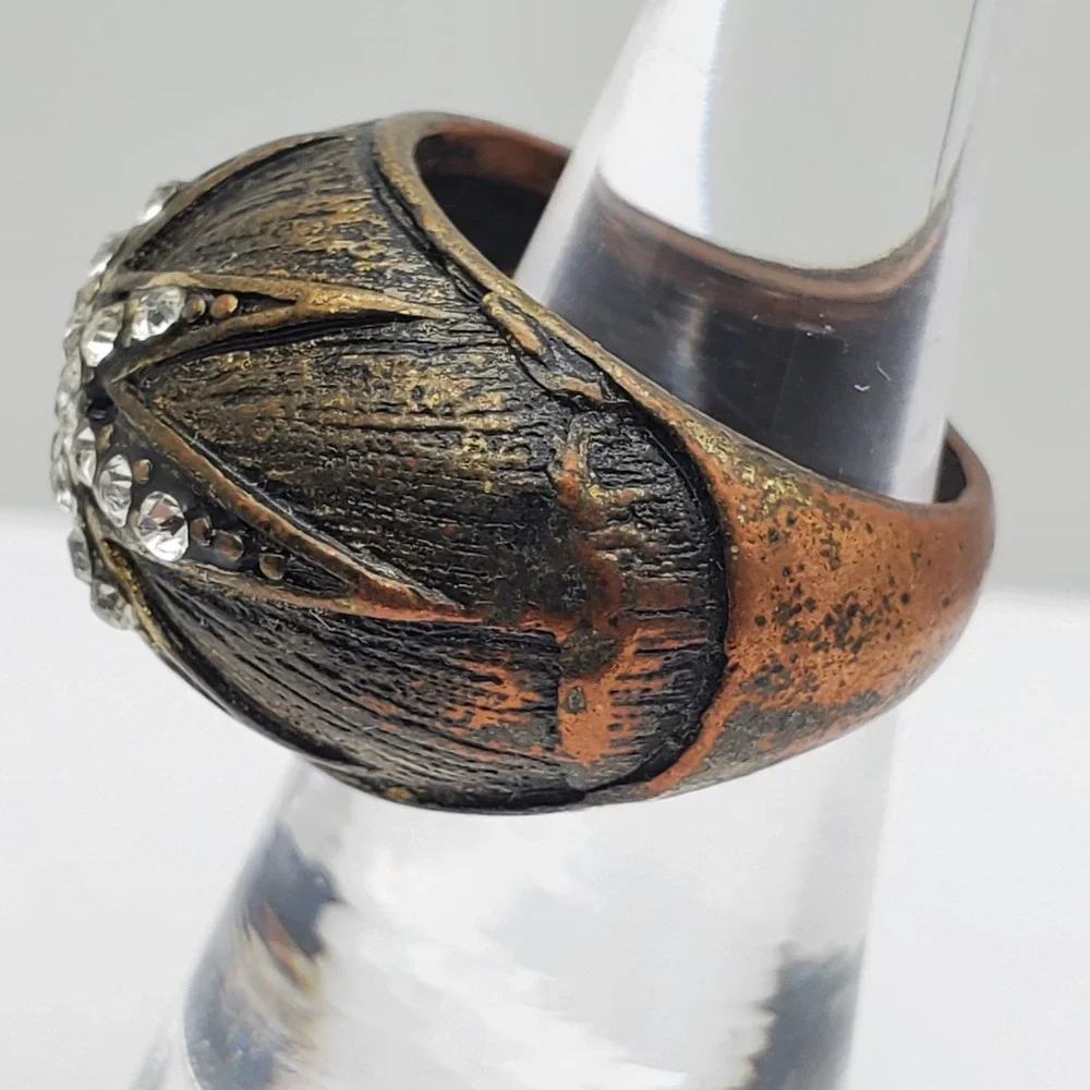 Chunky Dome Starburst‎ Crystal Ring Antique Brass Copper Vintage Style Size 5.5